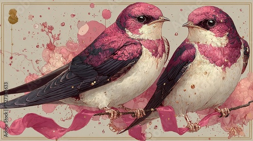 Two birds perched on a branch with pink ribbon and watercolor splatters.