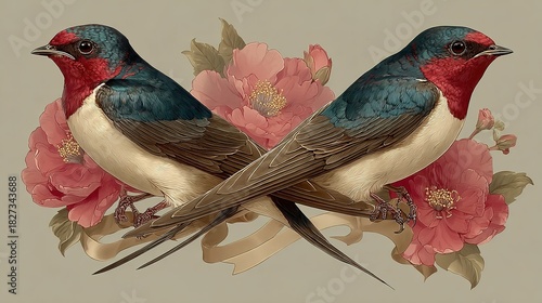 Two swallow birds crossed with pink flowers vintage style illustration.