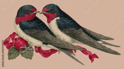 Two swallows perched near red roses on a light pink background.