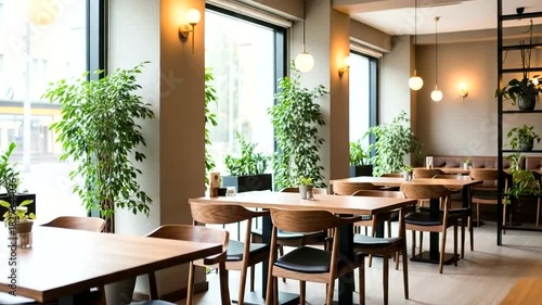 Wallpaper Mural Serene Interior View of Modern Restaurant with Wooden Furniture and Natural Light Ambience Torontodigital.ca