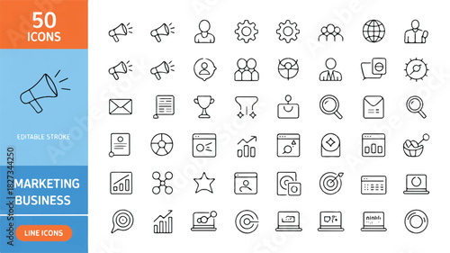 A clean and professional line icon set design featuring fifty symbols for digital marketing, business strategy, and web interface projects