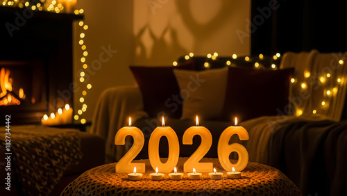 A cozy room is illuminated by the warm glow of candles spelling out the year 2026, creating a festive atmosphere for the new year celebration.