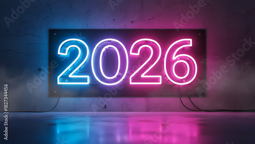 A vibrant neon sign illuminates the year 2026, casting a colorful glow against a textured concrete wall, symbolizing future concepts.