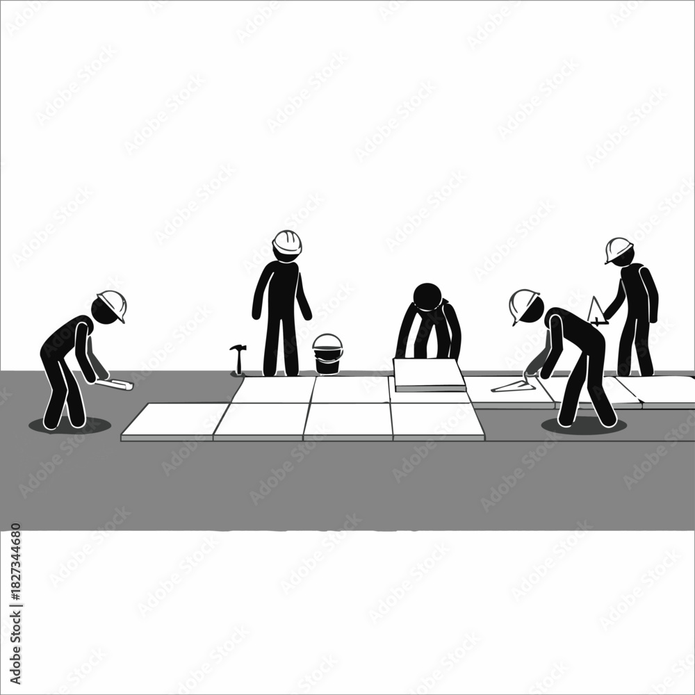 Fototapeta premium A team of stick figures diligently works together to install ceramic floor tiles, demonstrating the collaborative effort required for home renovation and construction projects.