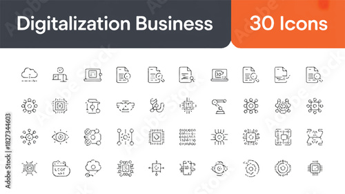 A set of thin line icons for business digitalization, including cloud computing, data management, automation, and network technology symbols
