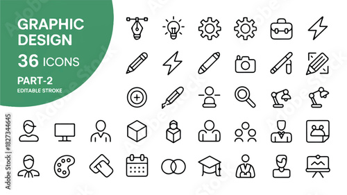 Clean vector line icons pack showcasing graphic design tools, creative processes, digital media, and professional business concepts for versatile projects