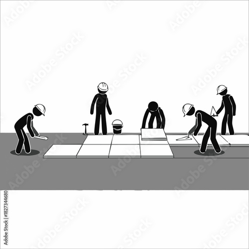 A team of stick figures diligently works together to install ceramic floor tiles, demonstrating the collaborative effort required for home renovation and construction projects.