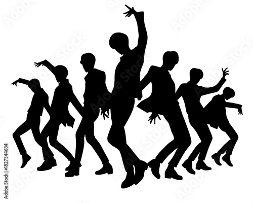 Male idol group silhouette, kpop idol dancing, icon isolated on white background, type 7