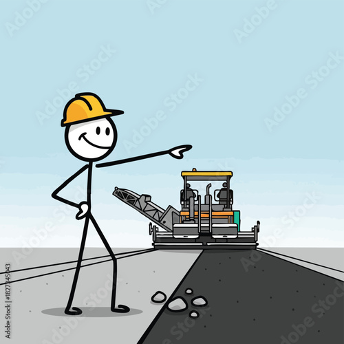 A cheerful stick figure construction worker wearing a hard hat directs attention to a road paver machine laying fresh asphalt on a new road.