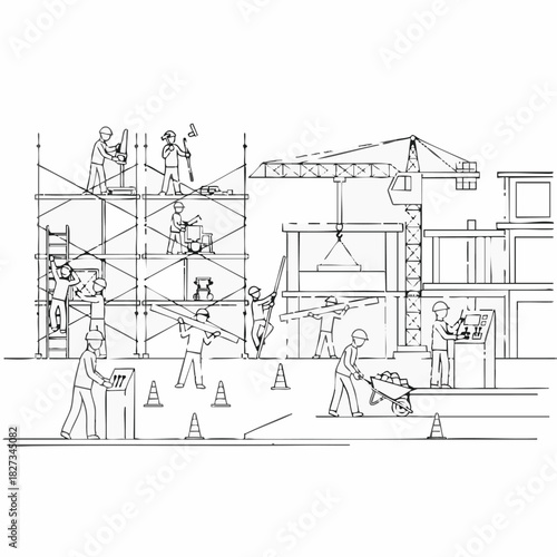 Line art illustration depicting a busy construction site with workers actively building, operating cranes, and performing various tasks to erect a new structure.