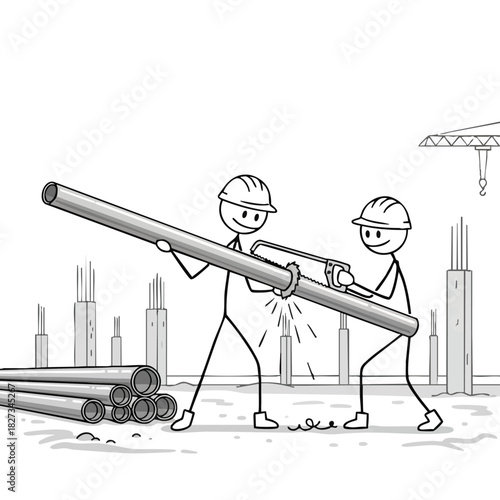 Two cartoon stick figure construction workers in hard hats are diligently cutting a large metal pipe on a busy building site, symbolizing teamwork and industrial labor.