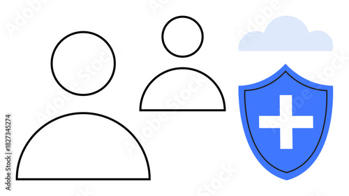 Two minimalist user profile outlines next to a blue shield with a cross under a cloud. Ideal for health, security, safety, digital identity, protection, healthcare, and data management. A simple flat