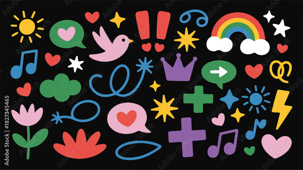 Fototapeta premium A vibrant collection of hand-drawn cartoon doodles and abstract shapes. Set of colorful elements like rainbows, hearts, and speech bubbles for design