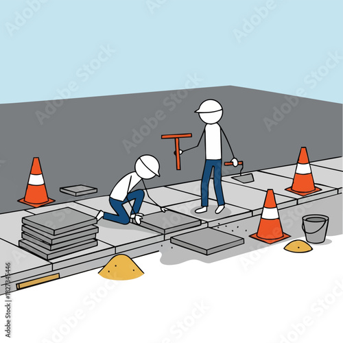 Two diligent stick figures collaborate to meticulously lay paving stones on a new sidewalk, demonstrating teamwork and professional construction work.