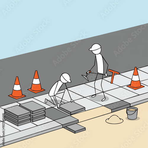 Two stick figure construction workers are diligently installing new paving stones on a sidewalk, surrounded by safety cones and building materials.