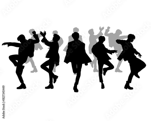 Male idol group silhouette, kpop idol dancing, icon isolated on white background, type 5