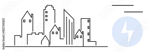 Outline of city buildings with a blue circular energy bolt. Ideal for urban development, architecture, renewable energy, electricity, smart cities, eco-solutions, modern infrastructure. Minimalist