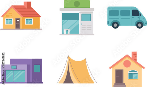 Neighborhood medical facilities icons, house clinic, pharmacy storefront, mobile health van, community hub, pop up tent, service vector