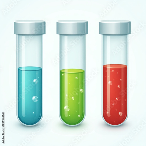 Three colorful liquid filled laboratory test tubes with stoppers