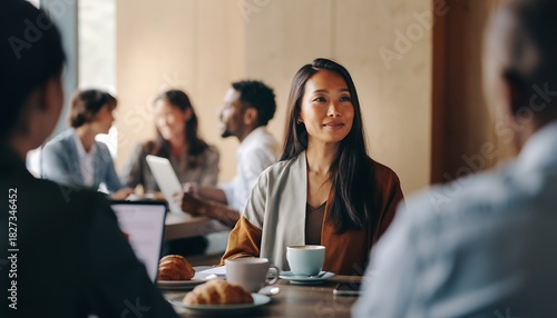 Businesswoman Sitting in Meeting with Colleagues in Modern Cafe or Conference Room