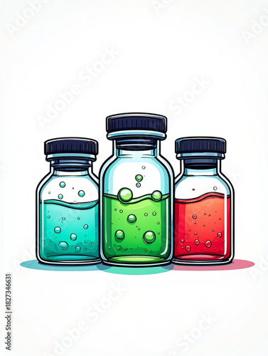Three colorful vials with bubbling liquids on a white background