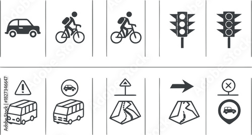 Transportation, Traffic, and Road Sign Icons Set