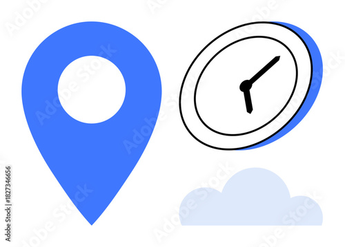 Blue location pin, clock showing time, and cloud evoke ideas of travel, time management, navigation, and technology. Ideal for scheduling, logistics, maps time tracking cloud services travel