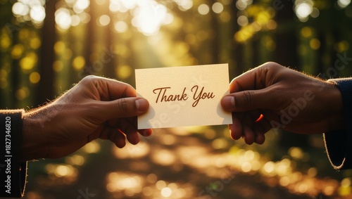 Hands exchanging thank you card in sunlit forest