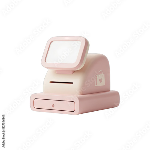 Pastel Pink Cash Register With Touchscreen Display And Drawer Isolated On White Background With Cute Bag Icon On Its Side