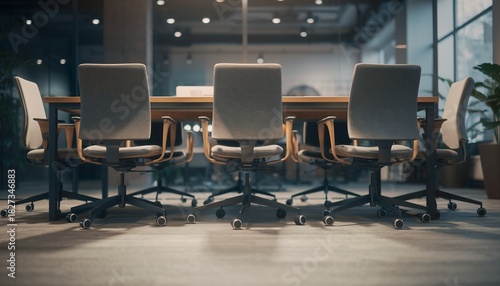 Modern Conference Room with Comfortable Office Chairs and Large Table in Business Environment