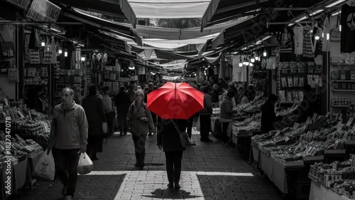 Red umbrella in bustling black and white market scene, highlighting individuality and vibrant