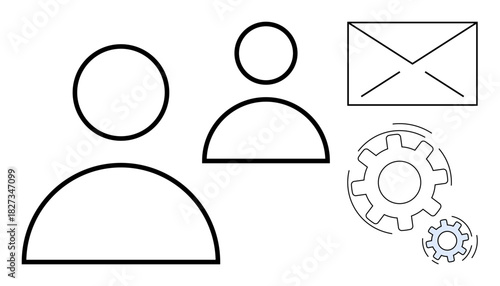 Outline of two user profiles, an envelope for messaging, and two interconnected gears implying settings. Ideal for communication, teamwork, digital interaction, user setup, productivity