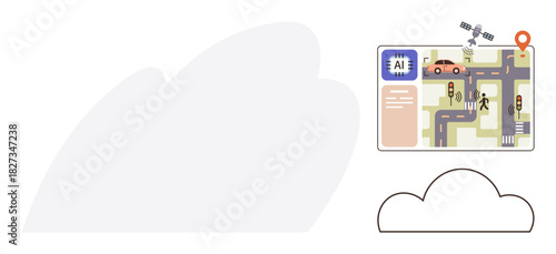 Self-driving car on urban roads guided by AI chip and satellite, surrounded by traffic lights and pedestrians. Ideal for AI, autonomous tech, traffic systems, urban planning, innovation, mobility