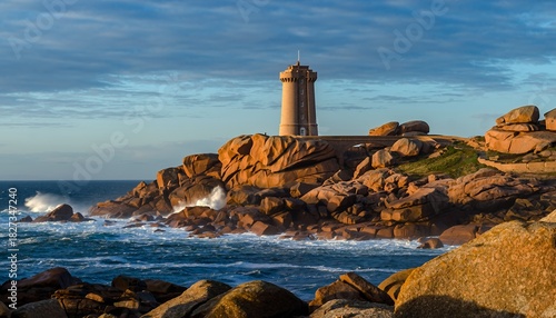 Coastal Lighthouse Tower on Rocky Cliff Under Blue Sky