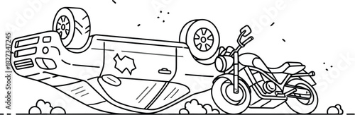Car accident with motorcycle line art illustration on a white background