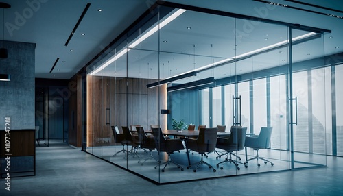 Modern Conference Room with Glass Walls and Office Chairs in Corporate Building