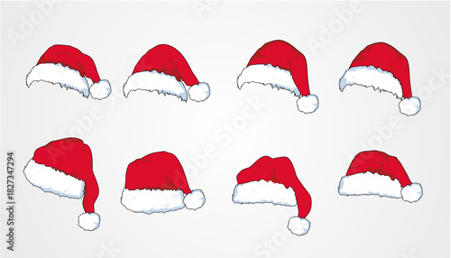 Set of red Christmas Santa Claus hats isolated on white background. Simple Santa hats in flat style.