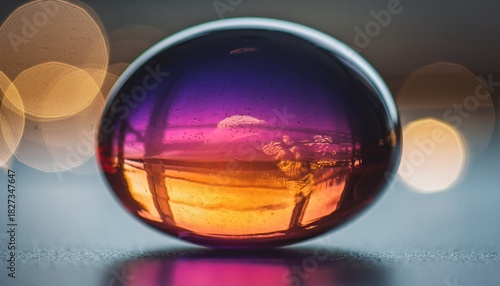 Colorful Glass Sphere Reflecting Sunset Scene with Bokeh Background