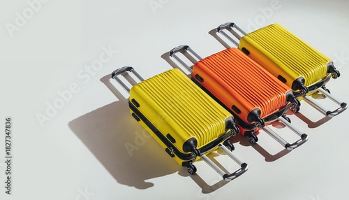 Colorful Hard Shell Suitcases in Bright Yellow Orange and Yellow Luggage Set with Retractable Handles on White Background