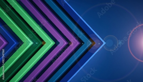 Colorful Neon Arrows on Blue Background with Lens Flare and Light Effects