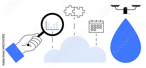 Hand holding magnifying glass analyzing data above cloud connected to puzzle pieces, calendar, scale, and water drop. Ideal for data analysis, problem solving, planning, decision-making, balance