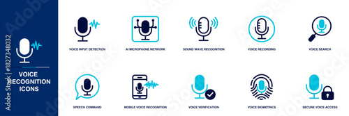 Voice Recognition Blue Colored Outline Icon Set