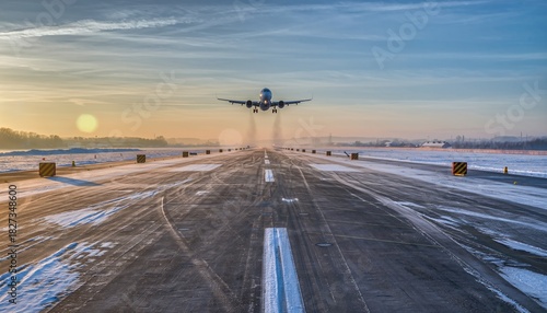 Commercial Airplane Taking Off on Snow-covered Runway During Sunset