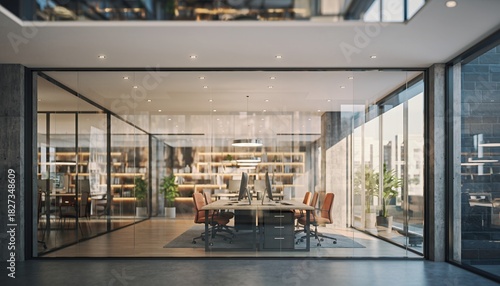 Modern Office Conference Room with Glass Walls Bright Natural Light Comfortable Chairs