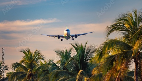Commercial Passenger Airplane Flying Over Green Palm Trees Against Colorful Sky