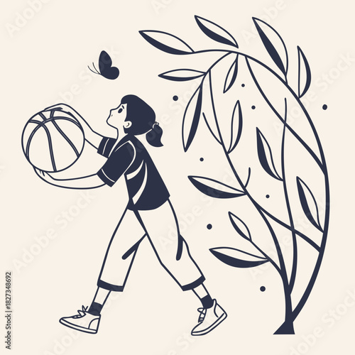Linear Style Detailed Woman Playing Basketball Next to Tree Illustration