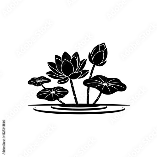 World Wetlands Minimalist lotus flower blooms and leaves in indigo