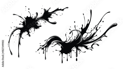 Abstract black ink splatters and splashes creating dynamic liquid shapes with paint drips and artistic style