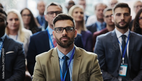 Confident Businessman Wearing Glasses Sitting at Conference in Modern Suit