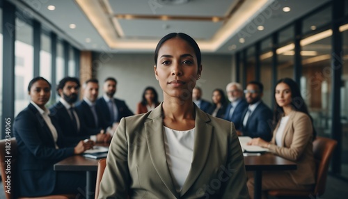 Confident Businesswoman Leading Meeting in Modern Conference Room with Diverse Team
